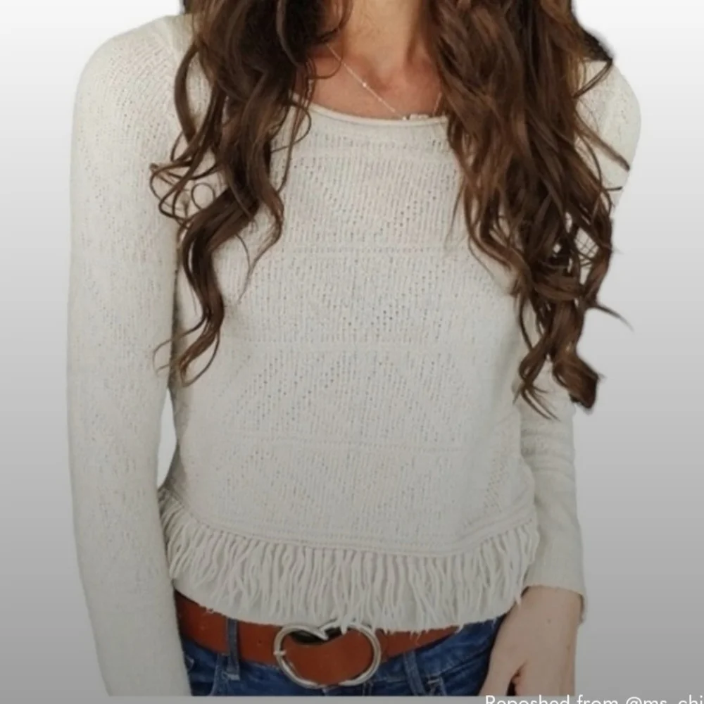 ANTHROPOLOGIE Moth Cotton Knit Fringe Trim Sweater
